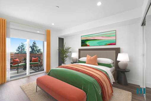 Spacious Bedroom with Vinyl Flooring, Recessed Lighting, and Patio