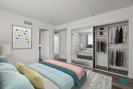 Bedroom with Mirrored Closet, Vinyl Flooring, and Bathroom