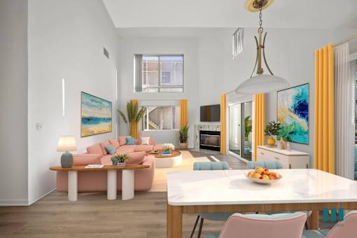 A modern living room with a pink sofa and a white dining table.