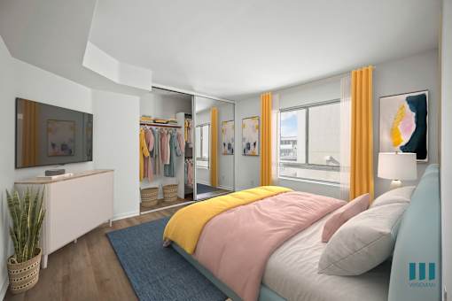 A bedroom with a bed, a dresser, a mirror, and a window with yellow curtains.