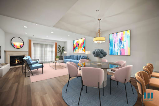 Open-Concept Dinign and Living Room with Fireplace and Patio