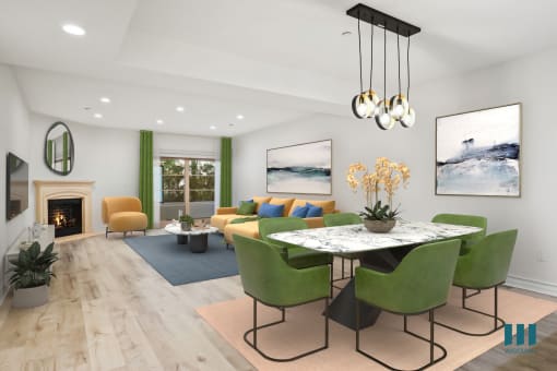 Open-Concept Kitchen and Living Room with Fireplace and Patio