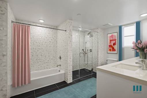 Large-Size Bathroom with a Walk-In Shower, Bathtub, and Double-Sink Vanity