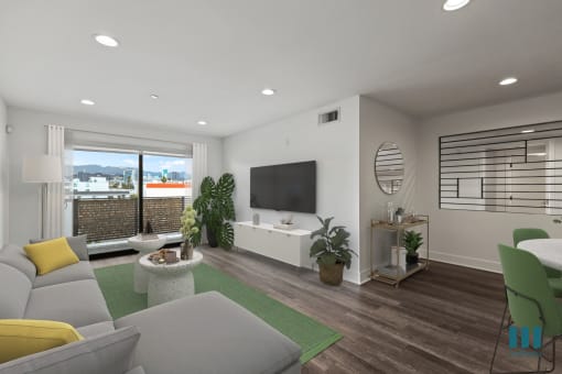 Living Room with Vinyl Flooring, Recessed Lighting, and Balcony