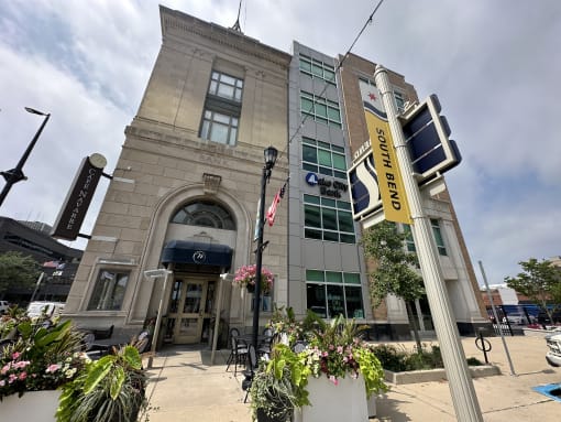 a building with a traffic light in front of it