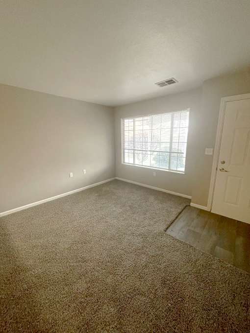 A room with a carpeted floor and a window with blinds.