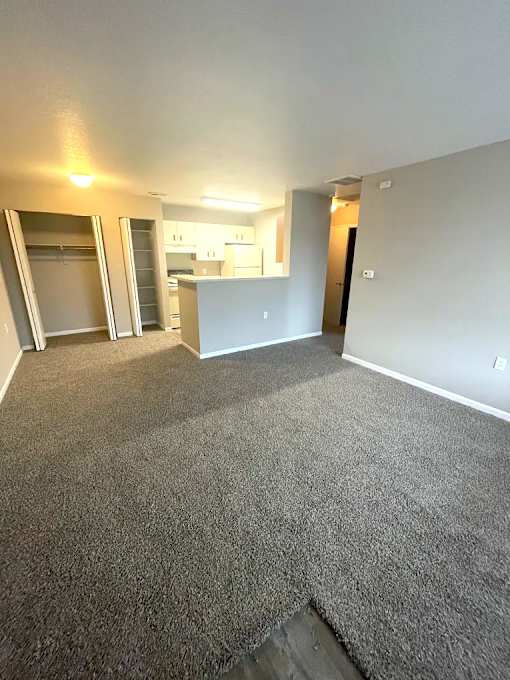 A room with grey carpet and white walls.