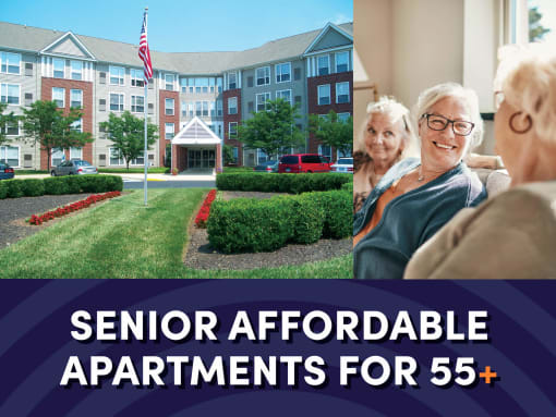an image of an older couple sitting in front of an apartment building with the text senior affordable