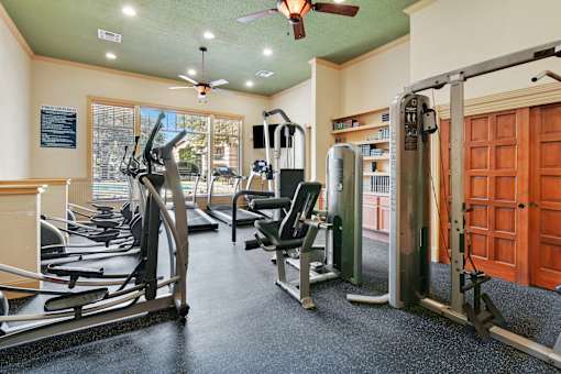 A gym with treadmills, weights, and a fan.