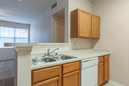 A kitchen with a white dishwasher and wooden cabinets.