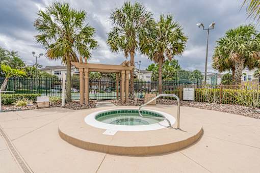 A hot tub sits in the middle of a concrete patio surrounded by palm trees.