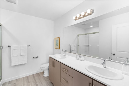 a bathroom with two sinks and a mirror