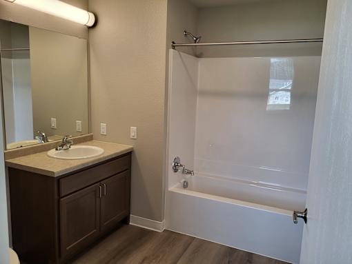A bathroom with a sink, mirror, and bathtub.