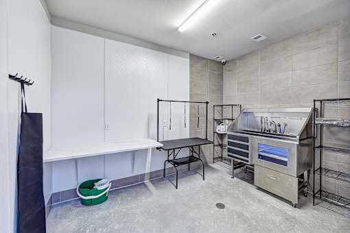 A clean, empty industrial kitchen with stainless steel appliances and white walls.