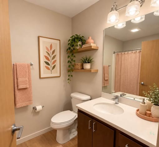 A bathroom with a toilet, sink, and a mirror.