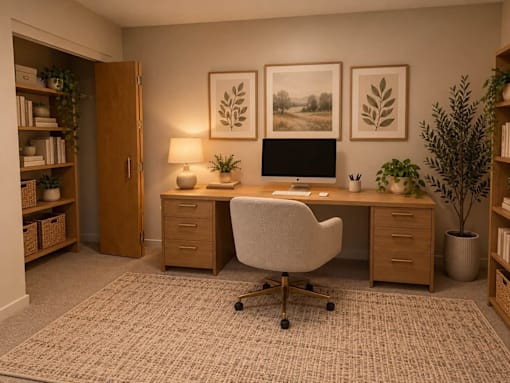 A home office with a desk, chair, and two framed pictures on the wall.