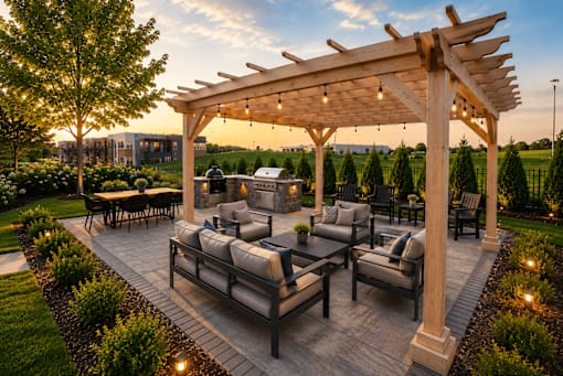 A wooden pergola with string lights is over a patio with grey couches and a table.