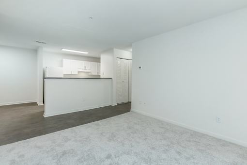 A white room with a carpeted floor and a kitchen area in the background.