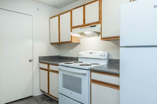A white fridge sits in a kitchen with wooden cabinets.