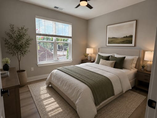 A bedroom with a large bed and a painting on the wall.