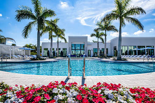 A pool surrounded by palm trees and flowers.