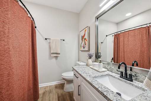 A bathroom with a toilet, sink, and shower curtain.