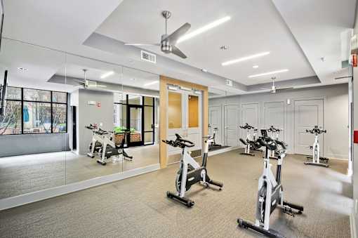 A gym with a row of stationary bikes and a mirrored wall.