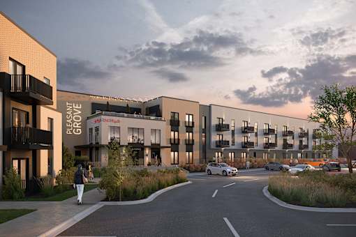 A modern apartment complex named "Pleasant Grove" is depicted with a person walking on a sidewalk.