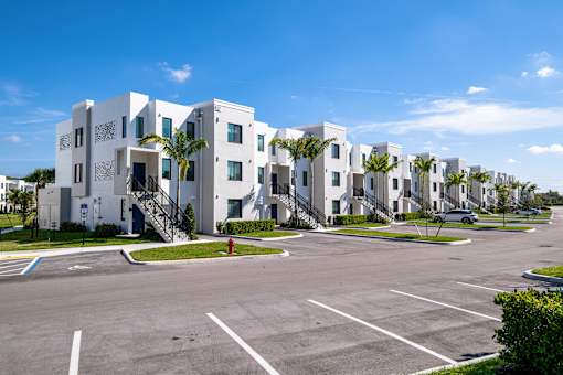 A row of white buildings with palm trees in front.