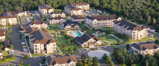 Huntsville, AL Luxury Apartments - Paxton Place - Building Exterior, Landscaped Grounds, and Pool From Bird's Eye View