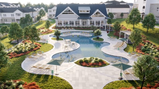 Luxury Apartments for Rent in Madison, AL - Paxton Place - Lazy River-Style Swimming Pool with Cabanas, Sundeck, Lounge Seats, Tables and Chairs, and Surrounding Manicured Plants and Trees.