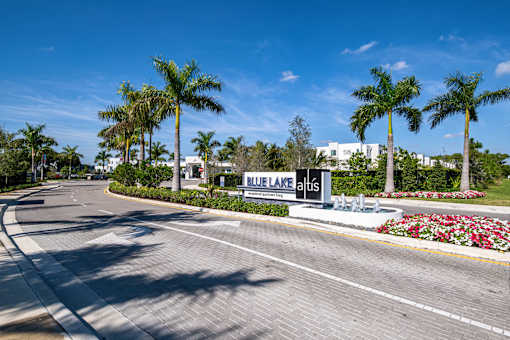 A street view of Blue Lake atlantic with palm trees and a clear blue sky.