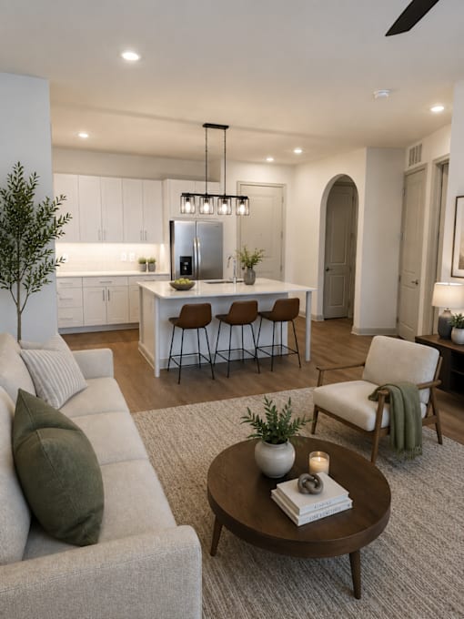 A modern living room with a grey sofa, a wooden coffee table, and a kitchen in the background.