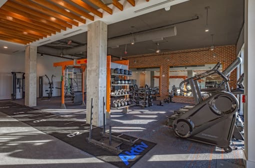 a gym with a lot of machines and weights in it
