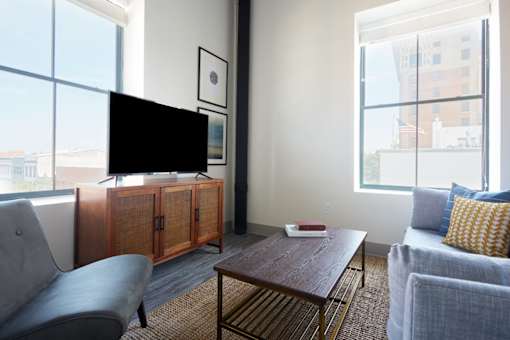 A living room with a grey couch, a wooden coffee table, and a black television.