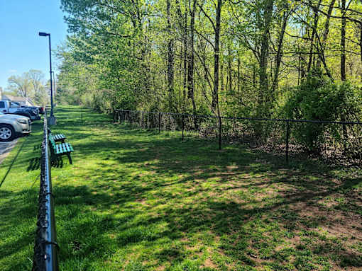 A park with a grassy area, trees, and a fence.