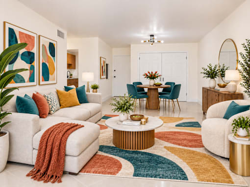 A living room with a white sofa, a coffee table, and a rug with a multicolored pattern.