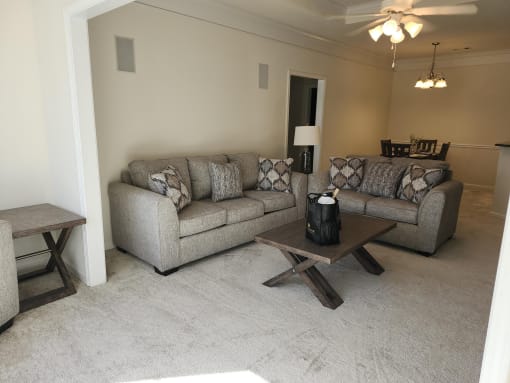 a living room with couches and a table