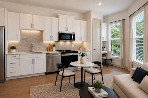 A modern kitchen with white cabinets and a dining area with a round table and chairs.