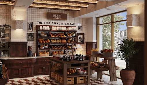 A bakery interior with a sign that reads "The best bread is balkan".