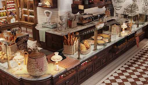 A bakery display with bread and baskets.