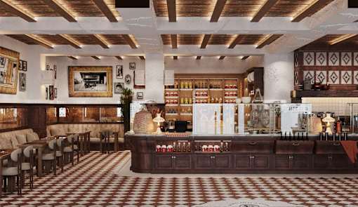 A restaurant with a checkered floor and wooden ceiling.