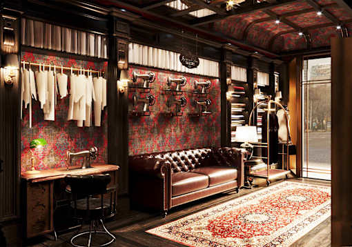 A room with a brown leather couch and a sewing machine on a wooden table.