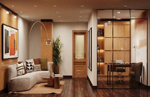 A modern living room with a couch, a coffee table, a potted plant, and a bookshelf.