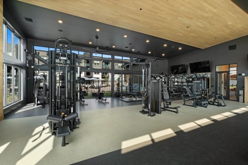a gym with a lot of exercise equipment and windows
