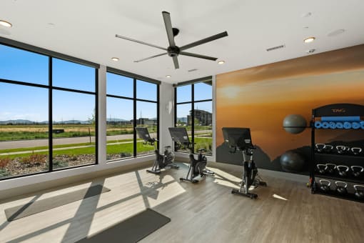a home gym with windows and a view of a field