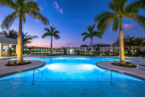 A swimming pool surrounded by palm trees at dusk.