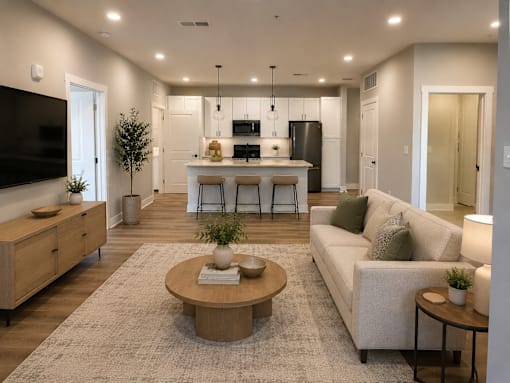 A modern living room with a kitchen in the background.