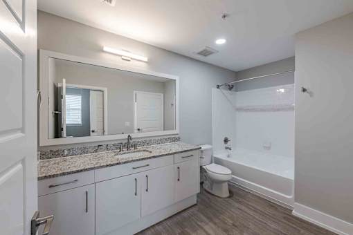 A bathroom with a sink, mirror, toilet, and bathtub.