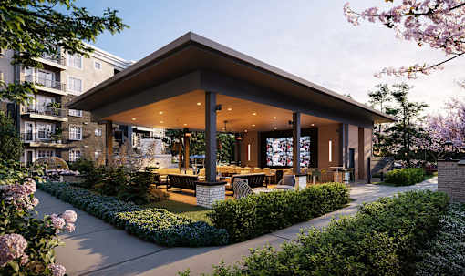 a rendering of a patio with a dining area